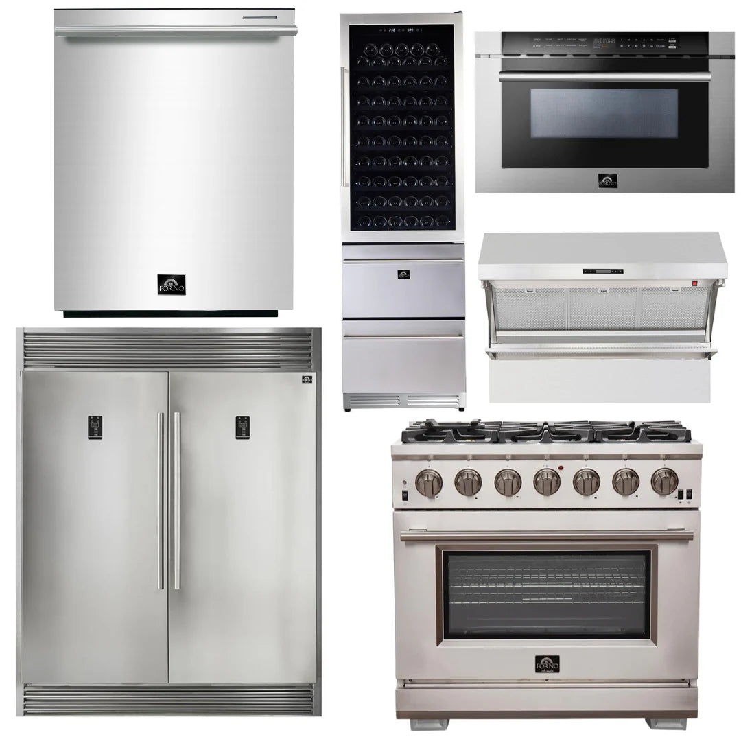 36 Inch Pro Gas Range, Range Hood, Refrigerator, Microwave Drawer, Dishwasher, Wine Cooler D3981