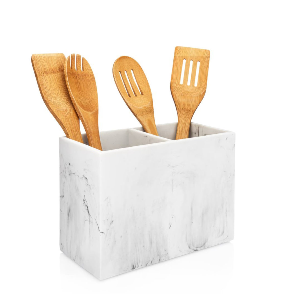 White Marble Rectangular Utensil Holder with Two Compartments I6048
