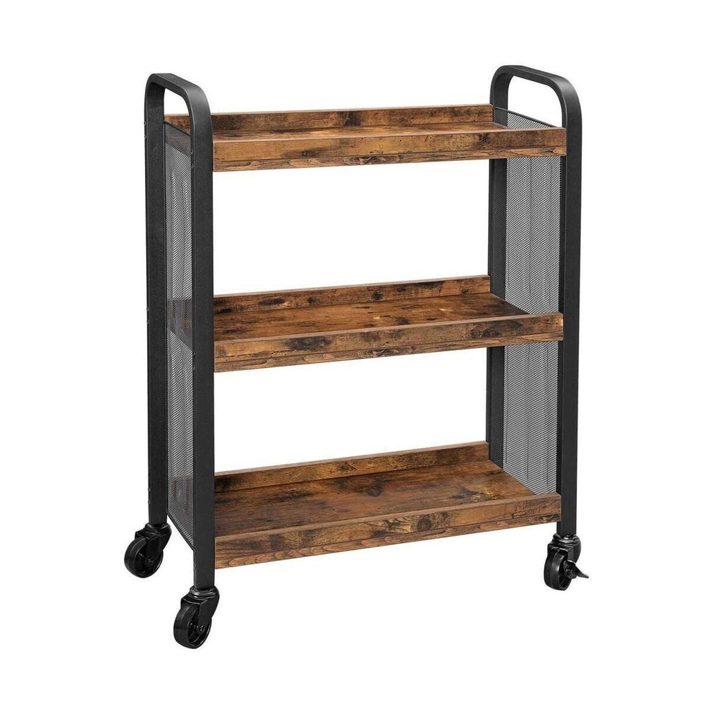 3 Tier Wood and Metal Kitchen Cart with Mesh Side Panel, Brown and Black Y28192