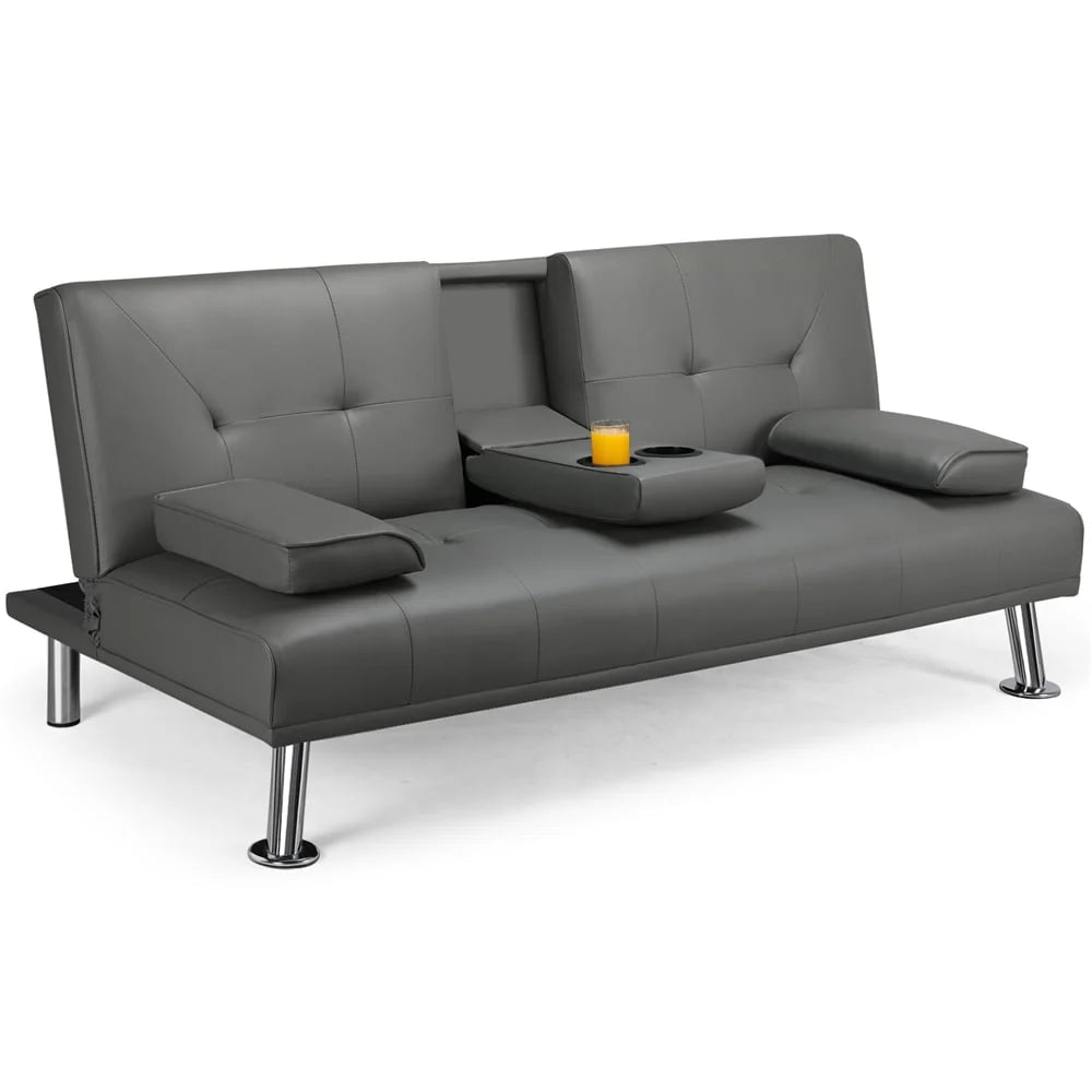Gray Faux Leather Futon with Cupholders and Pillows N7676