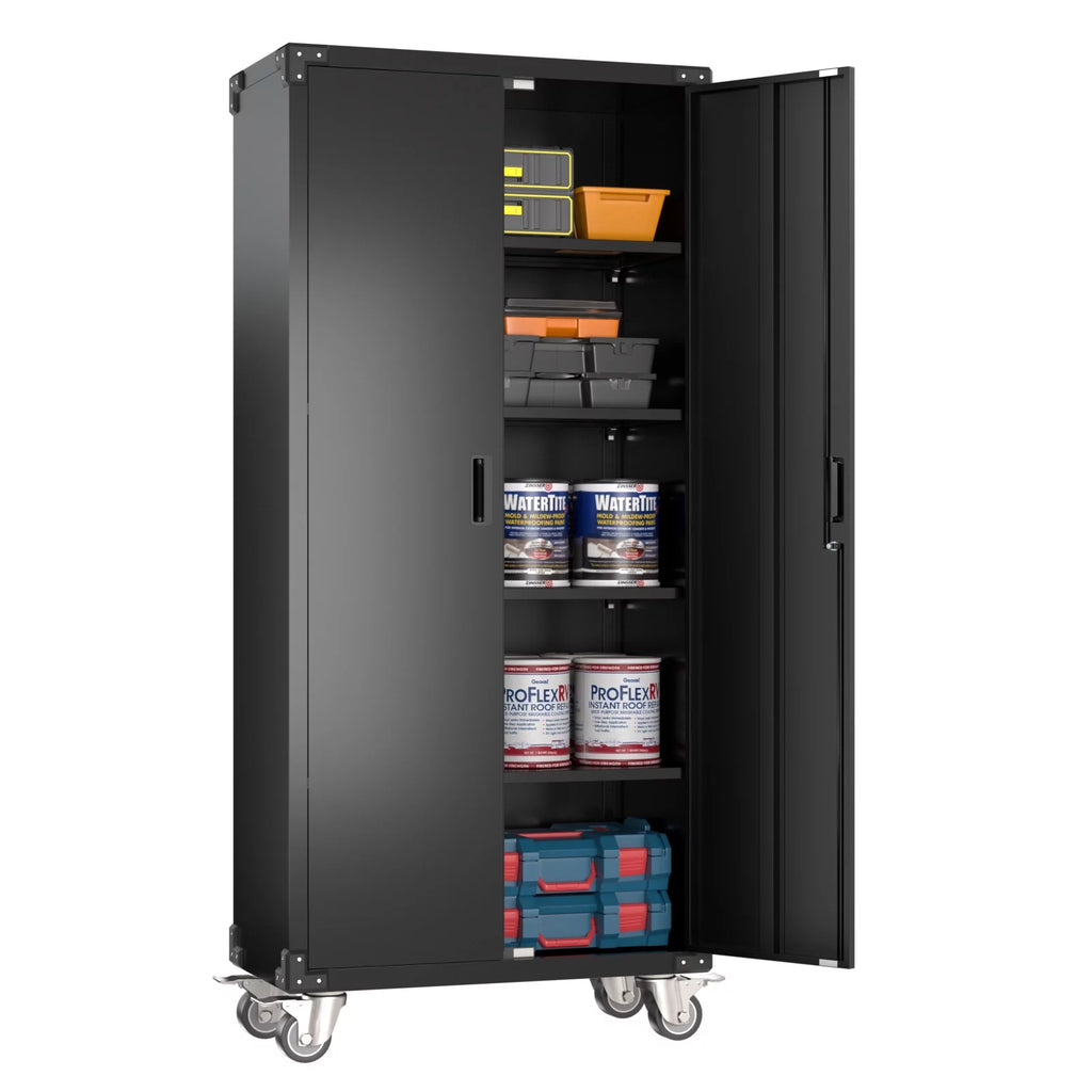 Metal Storage Cabinet with Lock, 72In Steel Storage Cabinet with Wheels, Black D4386
