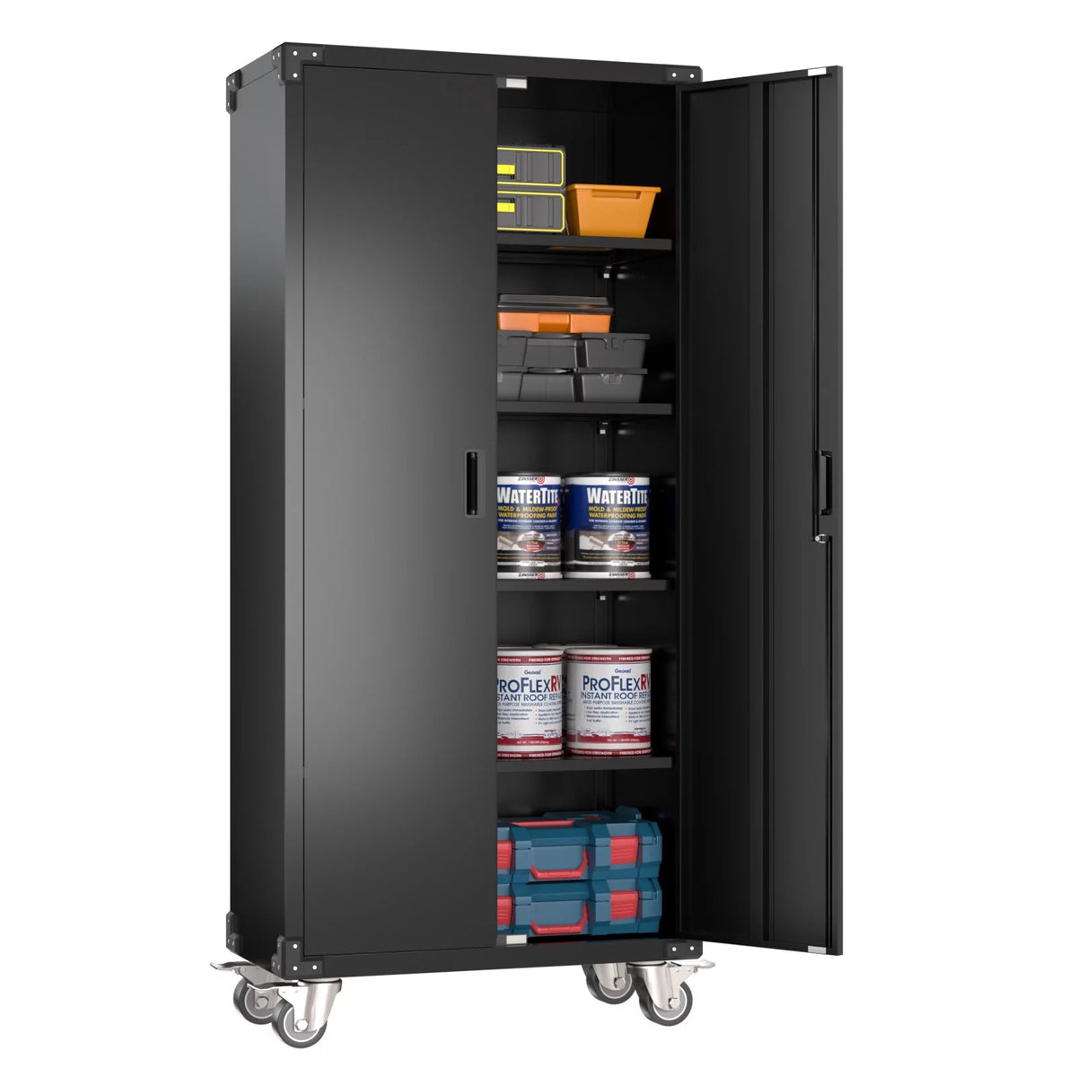 Metal Storage Cabinet with Lock, 72In Steel Storage Cabinet with Wheels, Black D4386
