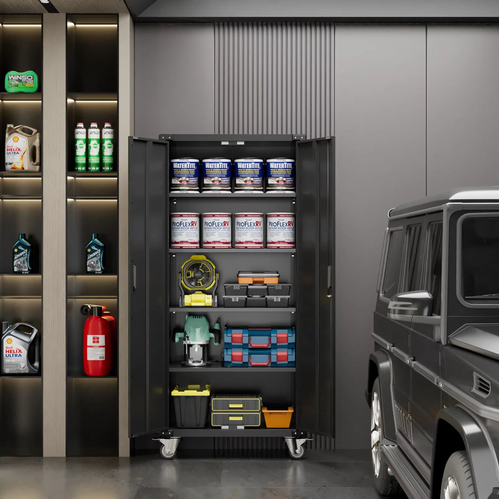 Metal Storage Cabinet with Lock, 72In Steel Storage Cabinet with Wheels, Black D4386