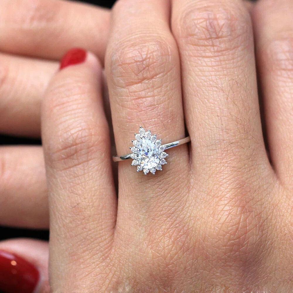 Pear Shape Moissanite Solitaire Engagement Ring, 18K White Gold Plated / 925 Sterling Silver Ring J402