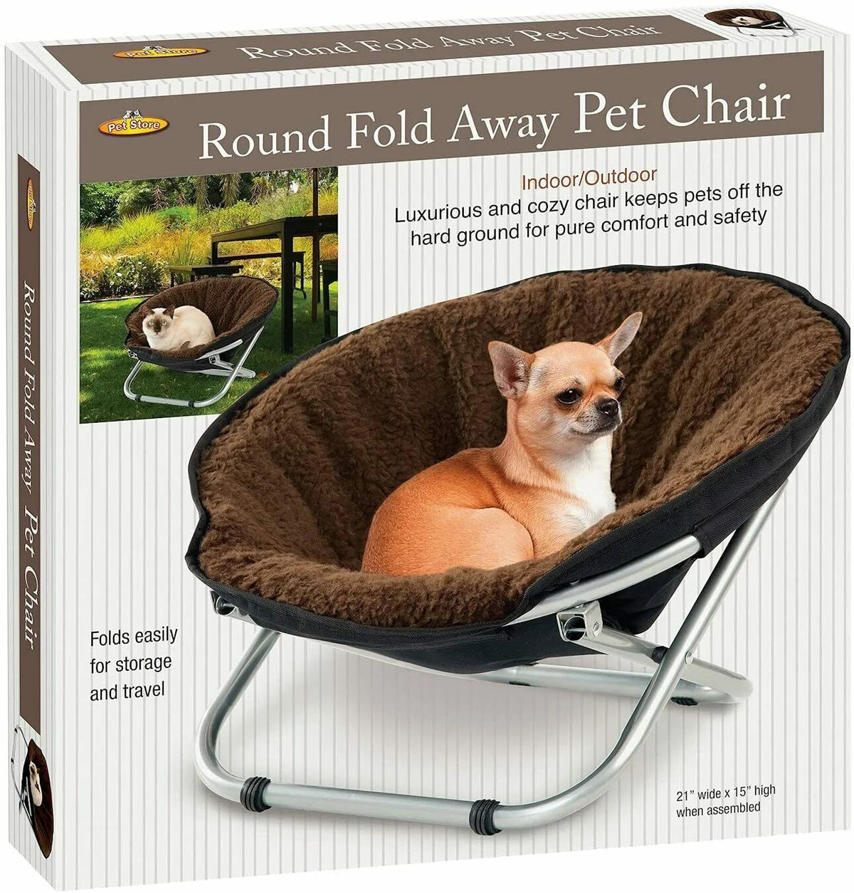 Portable Round Elevated Pet Cot Chair with Brown Fleece Cushion I1361