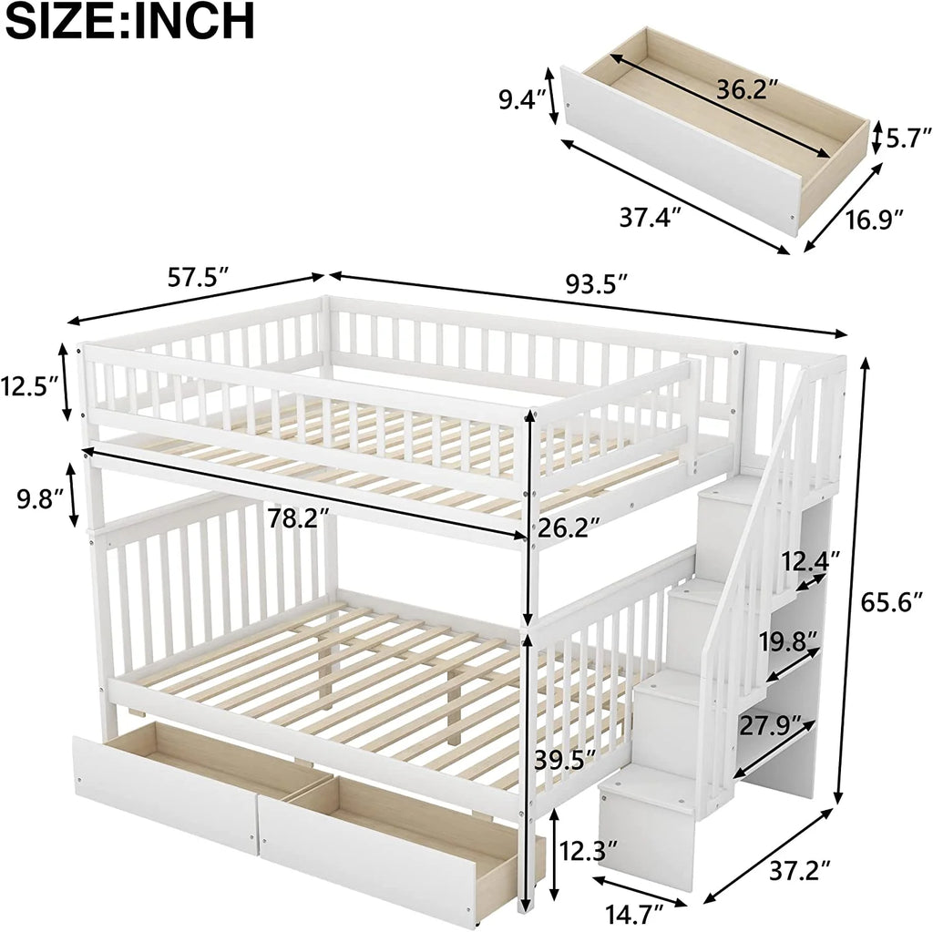 Full Over Full Solid Wood Bunk Bed with Stairs and Storage Drawers Z4076