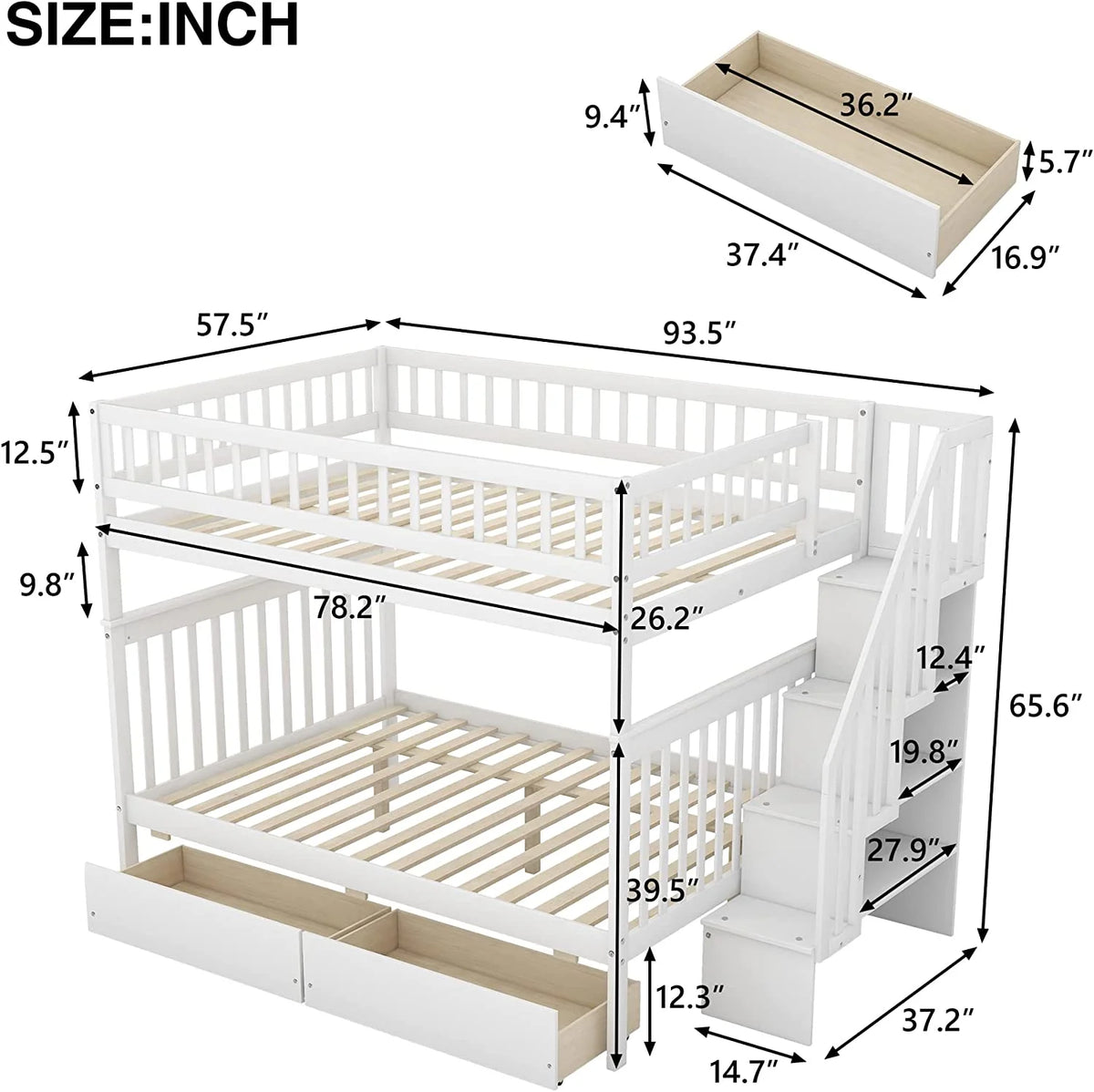 Full Over Full Solid Wood Bunk Bed with Stairs and Storage Drawers Z4076