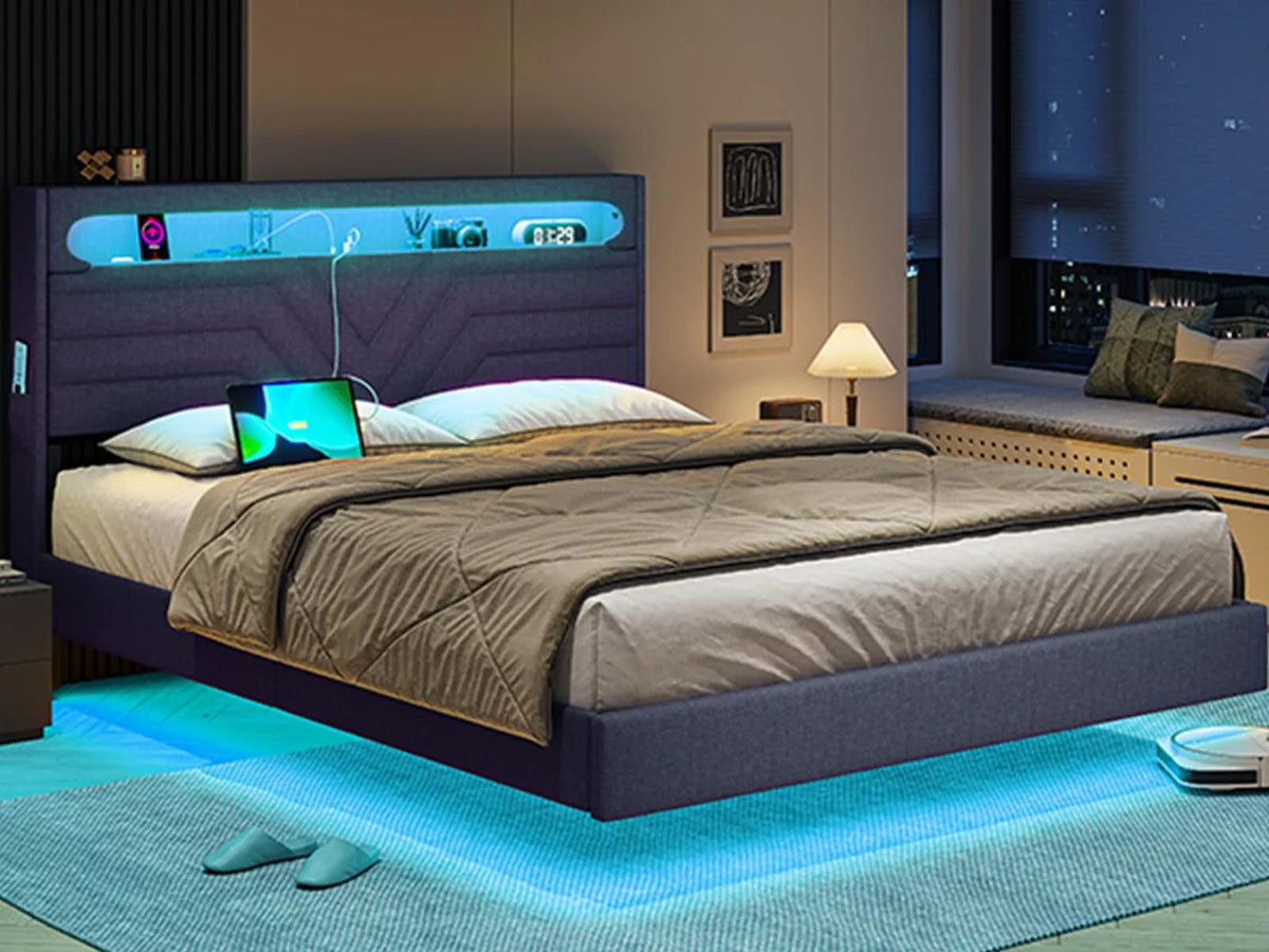 Queen Size Fabric Upholstered Platform Bed Frame with Storage Headboard H1892